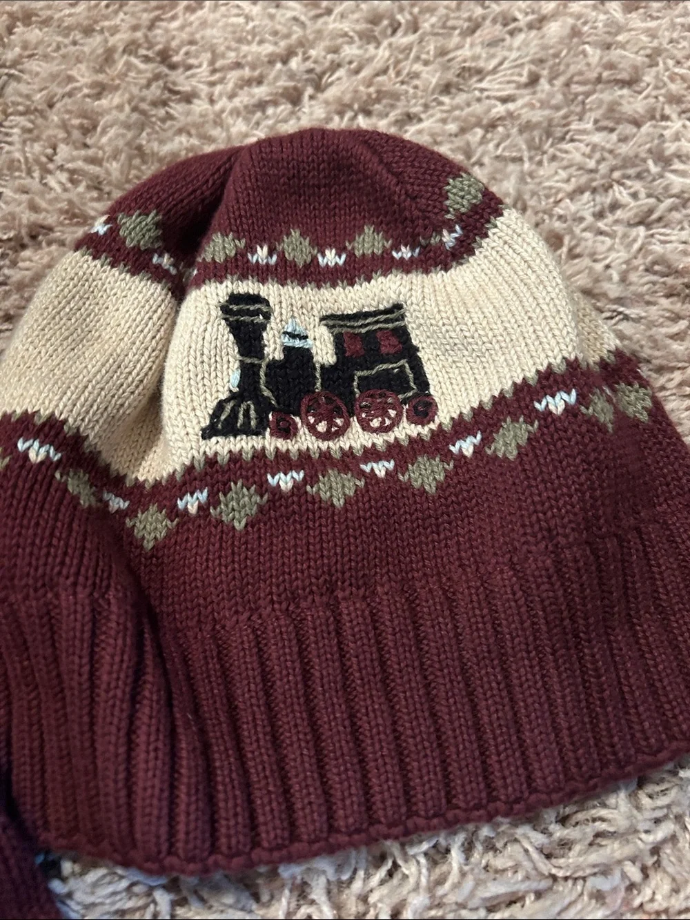 Kids Maroon Train Beanie and Scarf Set